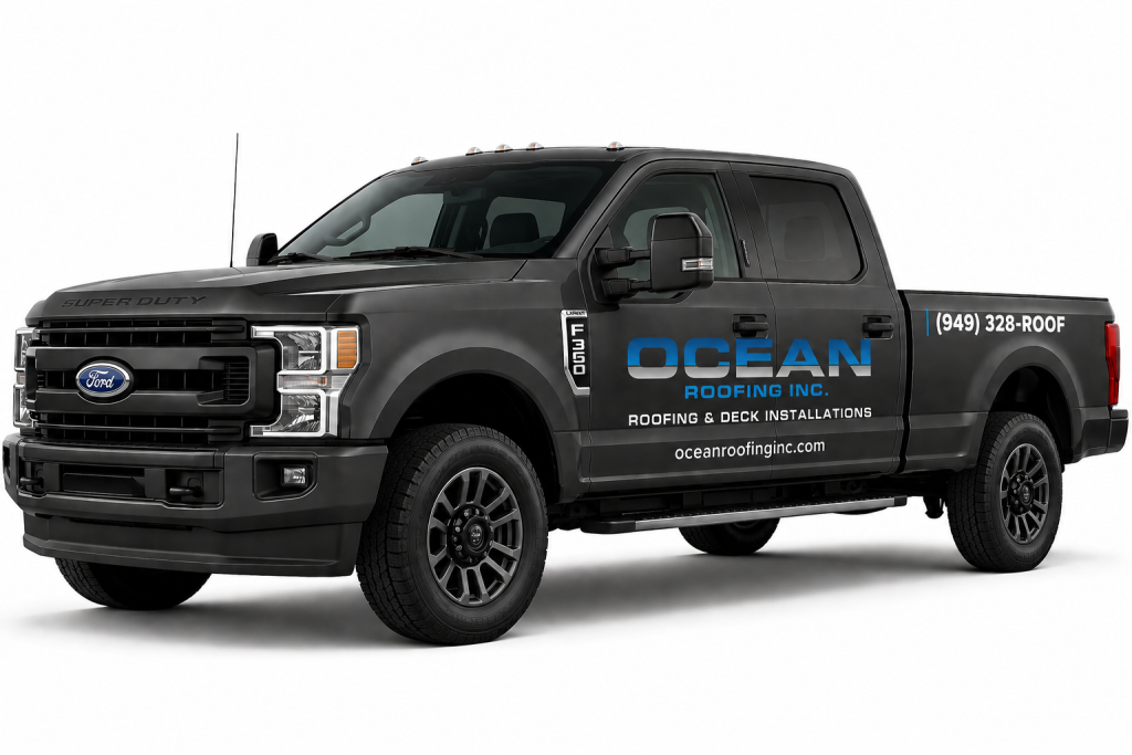 Black Ford Super Duty pickup with Ocean Roofing Inc. branding on the doors and bed, including phone number and website on the side rollers? (trim)